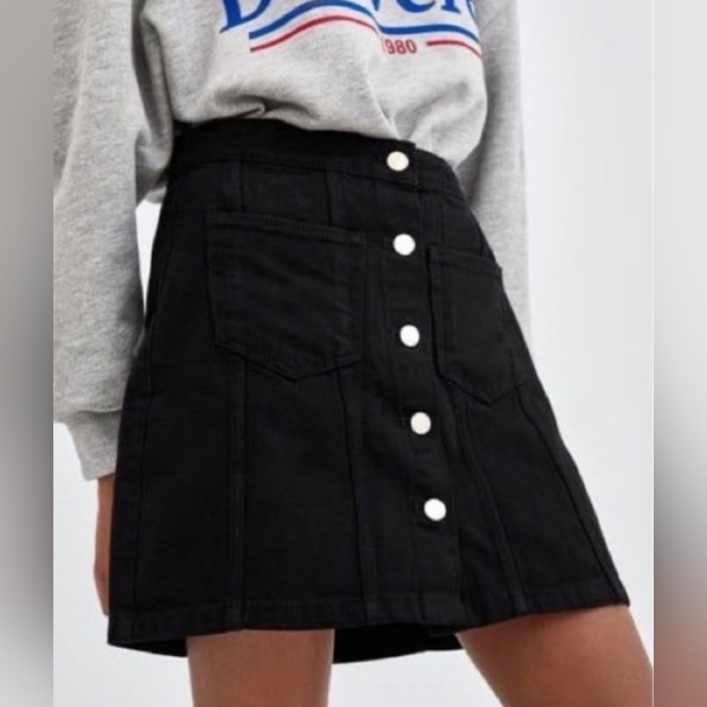 Zara Authentic Denim By TRF Black Mini Skirt with Button Front Detail